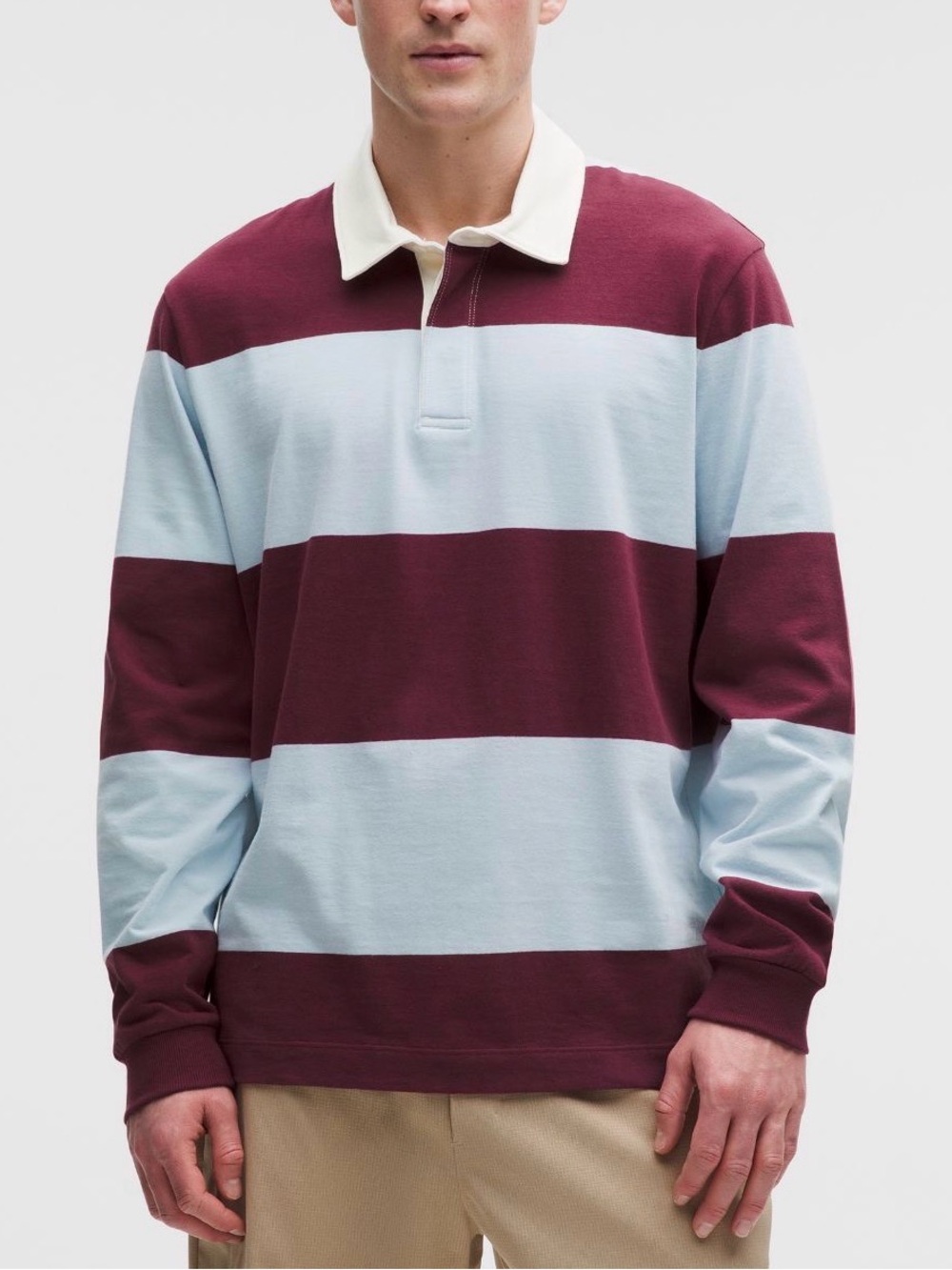 Lululemon Long Sleeve Cotton Rugby Shirt Striped Burgundy/Foam L NWT